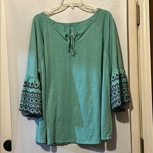 St. John's Bay Green and Blue Blouse with Tie Front and Ruffled 3/4 Sleeves